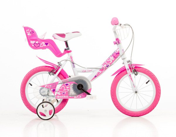 KUBIsport 05-CSK5144K-BR DINO bikes 144RN bílá, růžový potisk 14&quot; 2023 dívčí kolo